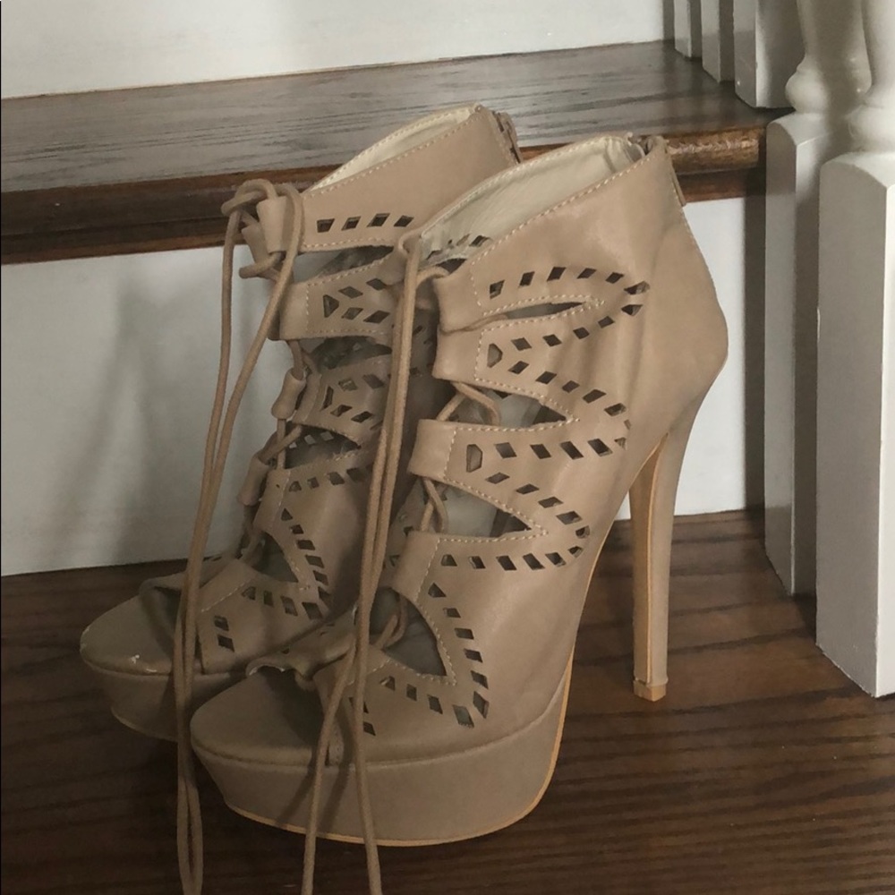 Lace Up Nude Platform Heels